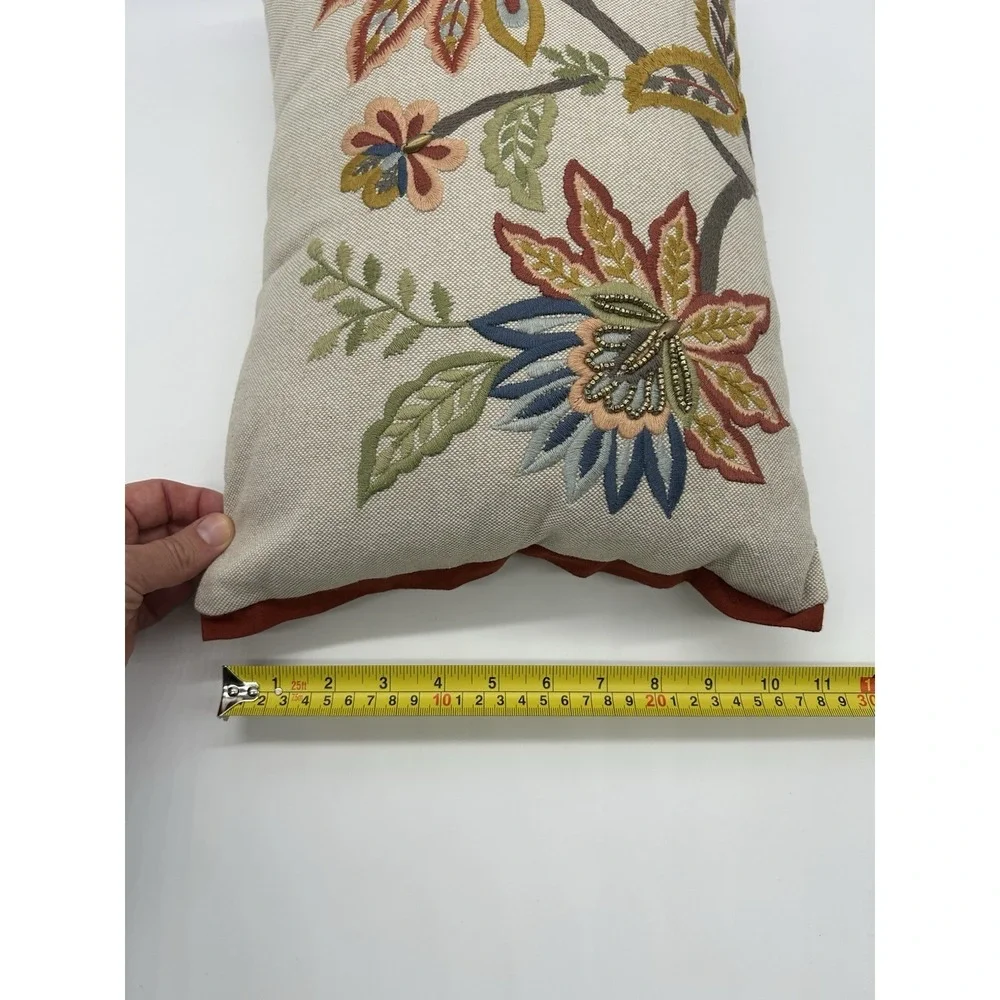 Pier 1 Imports Jacobean Floral Lumbar Pillow Beaded Embroidered Boho Velvet Trim